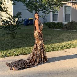 Gold and Black Sequin Prom Dress