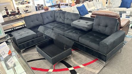 🔥GREAT PRICE🔥 Black Reversible Sectional w/ Drop Down and Storage Ottoman 👍90 days FREE FINANCING ❗ 
