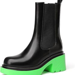 vivianly Womens Chelsea Boots Lug Sole Platform Mid Calf Boots Elastic Slip on Boots Block Heel Ankle Boots for Casual Wear, Costume