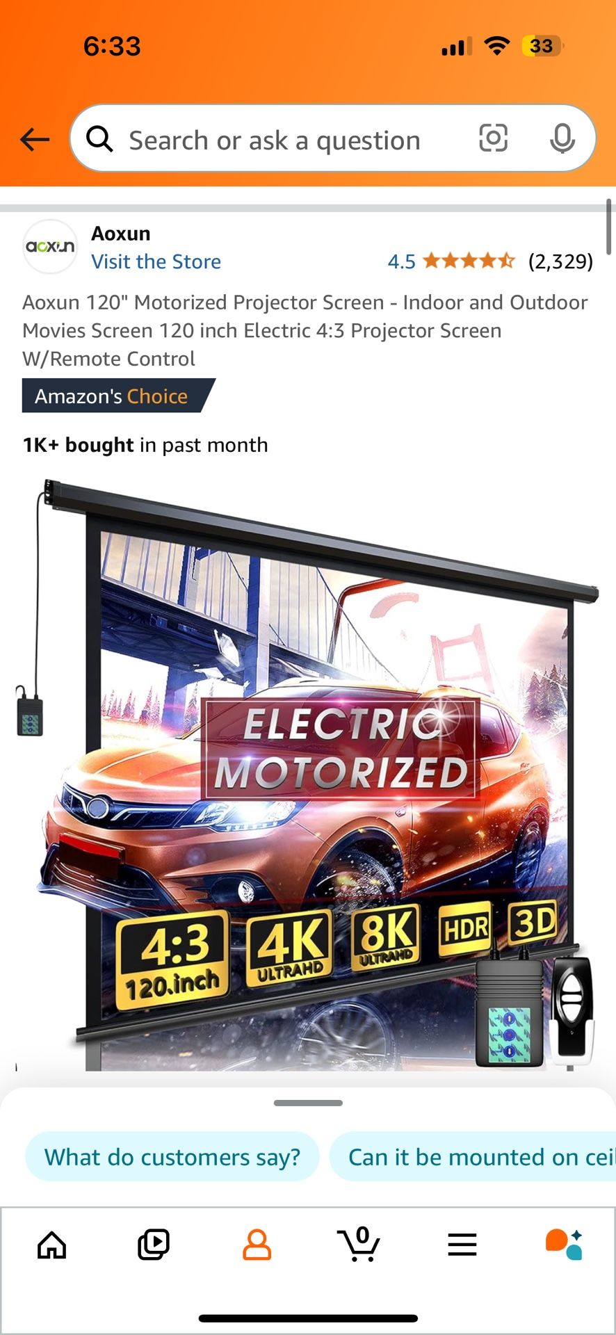 Aoxun 120" Motorized Projector Screen - Indoor and Outdoor Movies Screen 120 inch Electric 4:3 Projector Screen W/Remote Control
