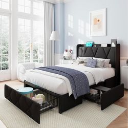 Twin Bed Frame with 3 Storage Drawers, Upholstered Platform Bed Frame with Charging Station, Modern Wingback Storage Headboard, Easy Assembly, Black