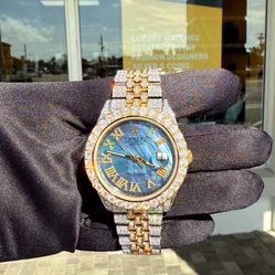 Rolex Datejust 41 41mm Iced Out Bussdown Diamond Mop Roman Dial Blue 18k yellow gold stainless 126333 box VVS