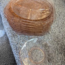 Vintage Pink Depression Glass Plates Set – 8 Dinner Plates + 1 Small Plate – Floral Etched Pattern