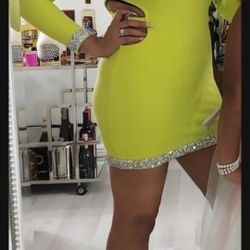 Neon Green/ Yellow Dress With Rhinestones