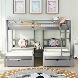 New! 3-IN-1 Gray Wood Triple Bunk Bed