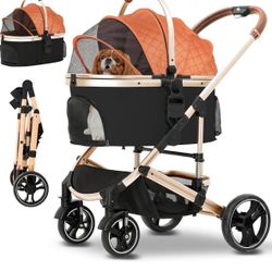 Luxury Pet Stroller 3 in 1 Folding Lightweight Dog  with Detachable Carrier & Storage Basket, Premium 4 Wheels Travel for Puppies, Doggies, Kitties