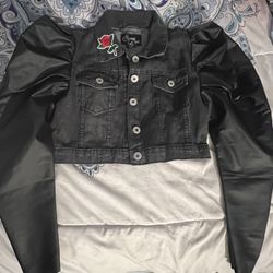 Black Jean Jacket Leather Sleeves 