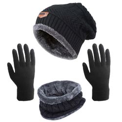 Winter 3pc Beanie Hat Scarf Gloves Set for Men and Women, Beanie Gloves Neck Warmer Set with Warm Knit Fleece Lined Skull Cap Beanie