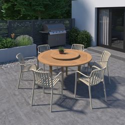 BRAND NEW 7 Pieces Round Dining Set With Sand Chairs, 100% FSC Teak Finish Wood, Ideal Furniture For Outodor & Patio
