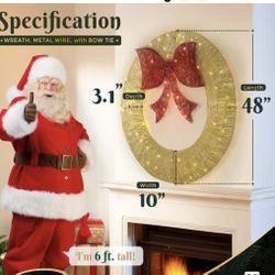 ✌️ 48Inch 4FT Large Christmas Wreath - Outdoor Christmas Wreaths with LED Lights, Xmas Decorations for Door Outdoor Indoor Wall Home, Gold, $55