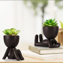 Fake Succulents, Artificial Plants Succulents in Black Modern Human Shaped Ceramic Pots
