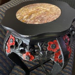 Antique Chinese Carved Red Cherry Rosewood Marble Top Pedestal Plant Table 