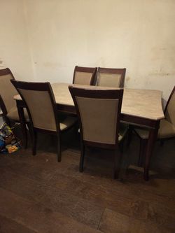Marble Top Dining Table with 6 Chairs and side table buffet