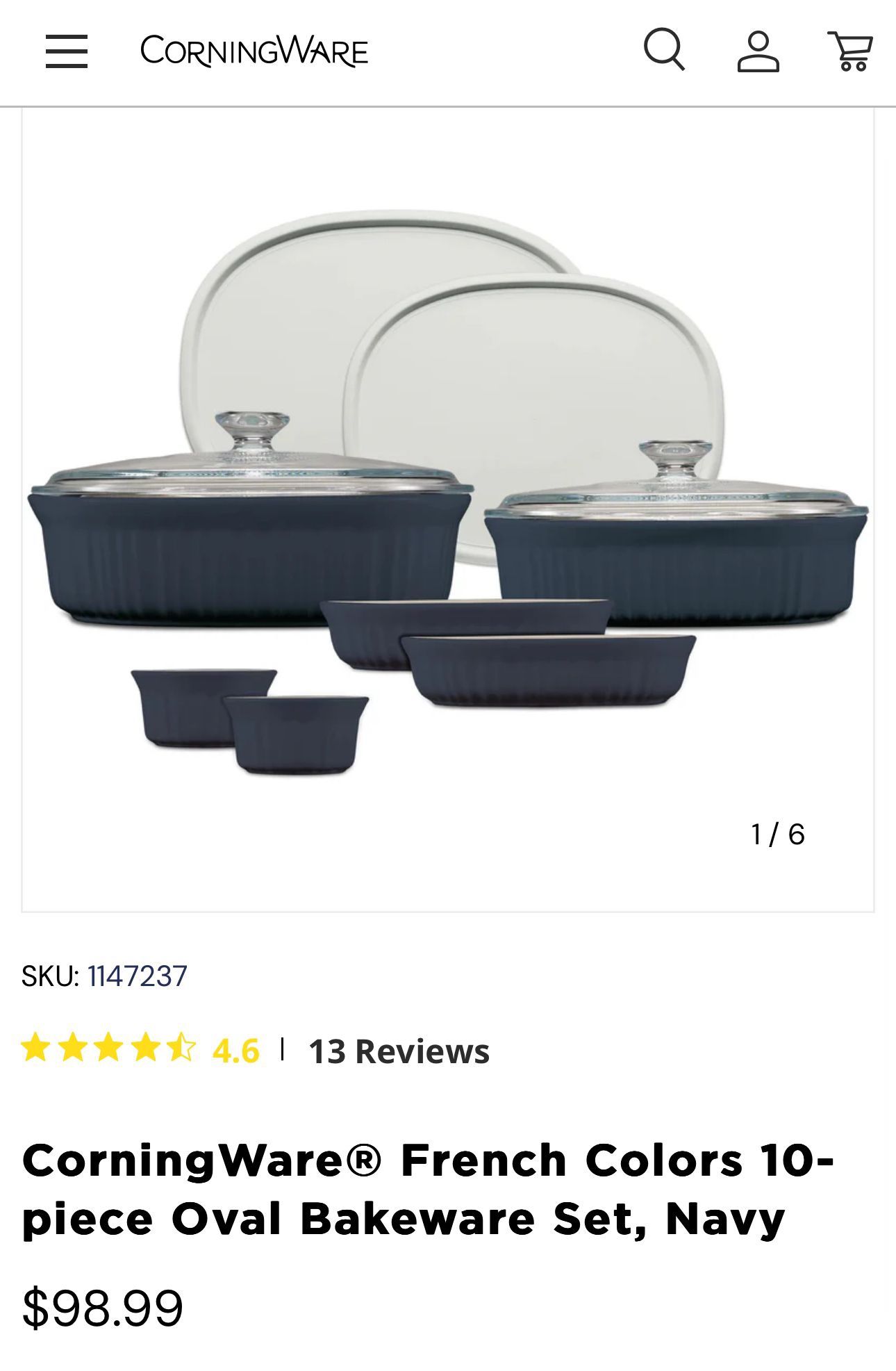 CorningWare French Colors 10 Piece Oval Bakeware Set, Navy Blue