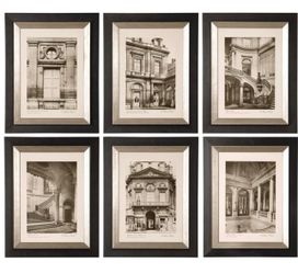Set of 6 Uttermost Framed Art Prints - Large Gallery Wall Set (Black & Silver Frames)