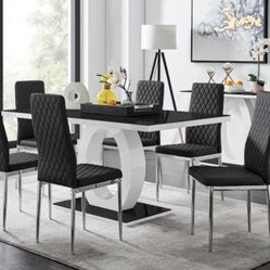 High Gloss Halo Dining Table Set With Luxury Faux Leather Dining Chairs