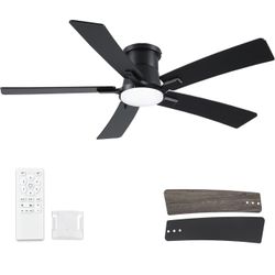 52 Inch Ceiling Fans with Lights and Remote, Black Low Profile Ceiling Fan, Flush Mount Style with 5 Blades, For Indoor Bedroom Living Room/Outdoor, 6