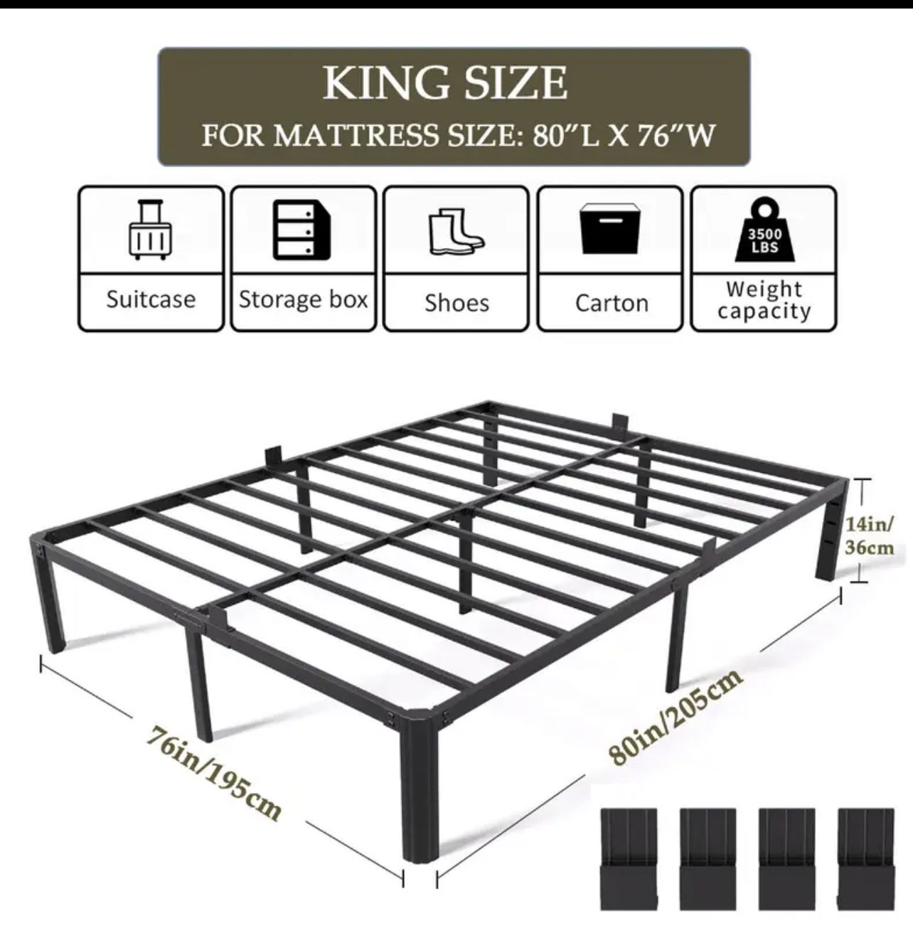 King Size Bed Metal Frame 14” Height