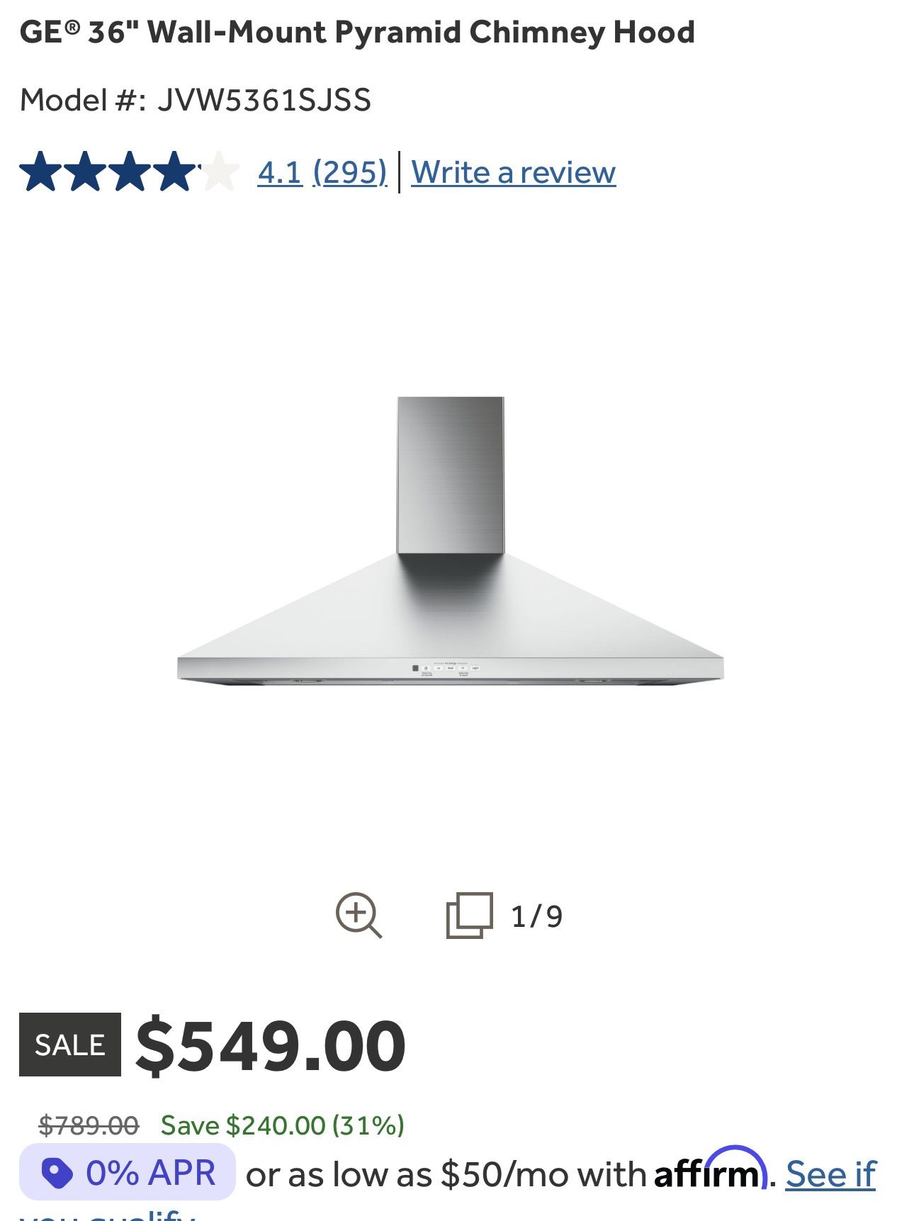 GE profile 36” wall-mount pyramid chimney hood