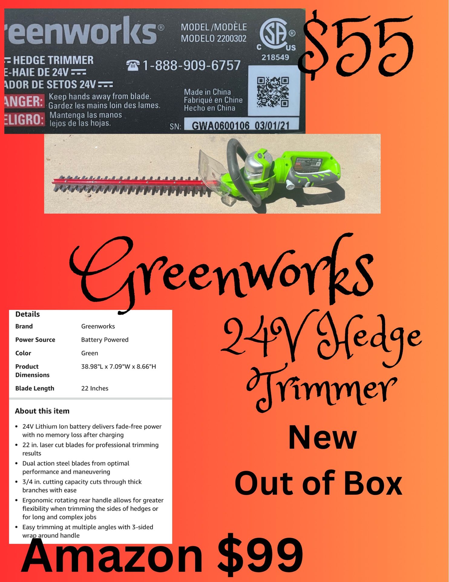 GreenWorks  24V  22” Hedge trimmer (Tool only)