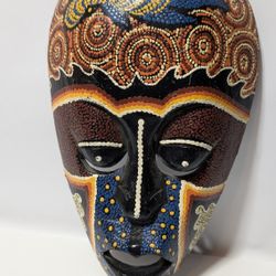 13 Inch Hand Carved Indonesian Tribal Mask with Dot Art Painted Design Wall Decor

