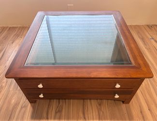 Wood Coffee Table with Glass Top and Drawers