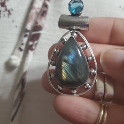 Silver Pendant With Natural Labradorite And Blue Topaz 