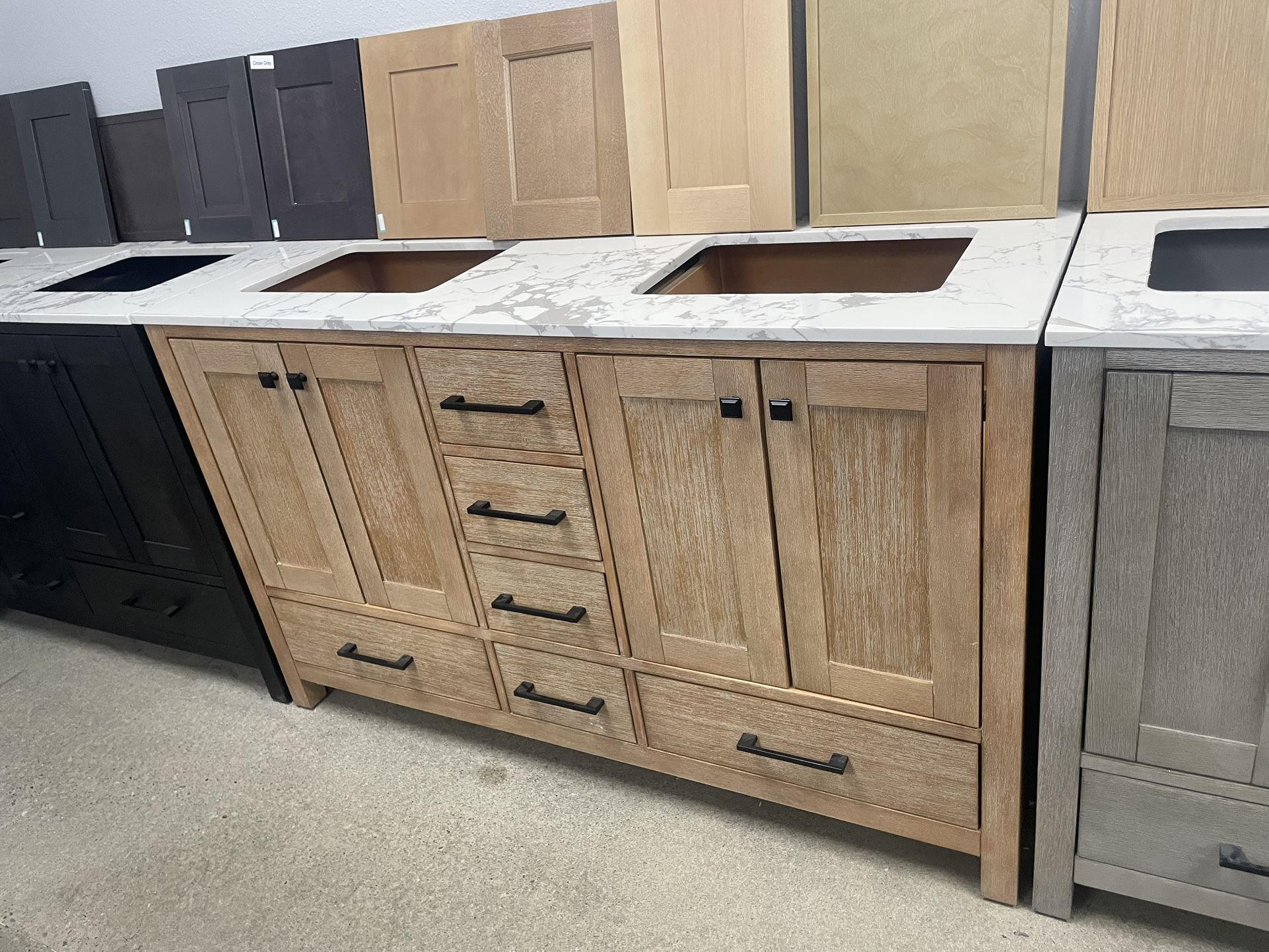 Bathroom vanity cabinet 60” solid Teak Quartz top with sinks and backsplash 