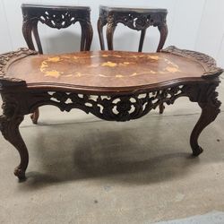 3pc vintage French Louis XV-style carved walnut and marquetry coffee table featuring  inlaid 
