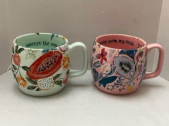 2 Opalhouse Pink Green Stoneware Floral Cockatoo Fruits 16oz Coffee Tea Mug New