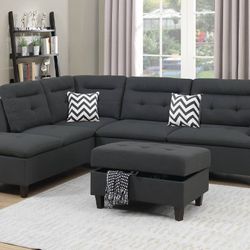 Brand New Dark Grey Sectional Sofa w Storage Ottoman