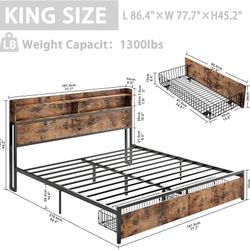 IRONCK King Size Bed Frame with Bookcase Headboard & Drawer & Charging Station,Sturdy Metal Platform Bed, No Noise, No Box Spring Needed, Vintage Brow