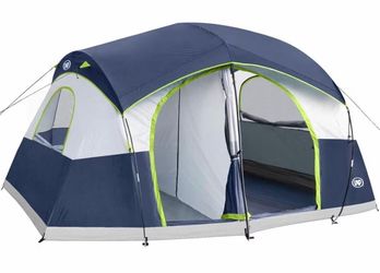 Camping Tent 8/9 Person, Family Camping Tent, 5 Large Ventilation Mesh Windows, 14'x14'x78 inches Tall with Dividers Curtain for 2 Room