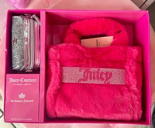 Juicy Couture Free Love Pink & Black Fur Purse Mini Tote and Barrel Coin Purse Gift Set