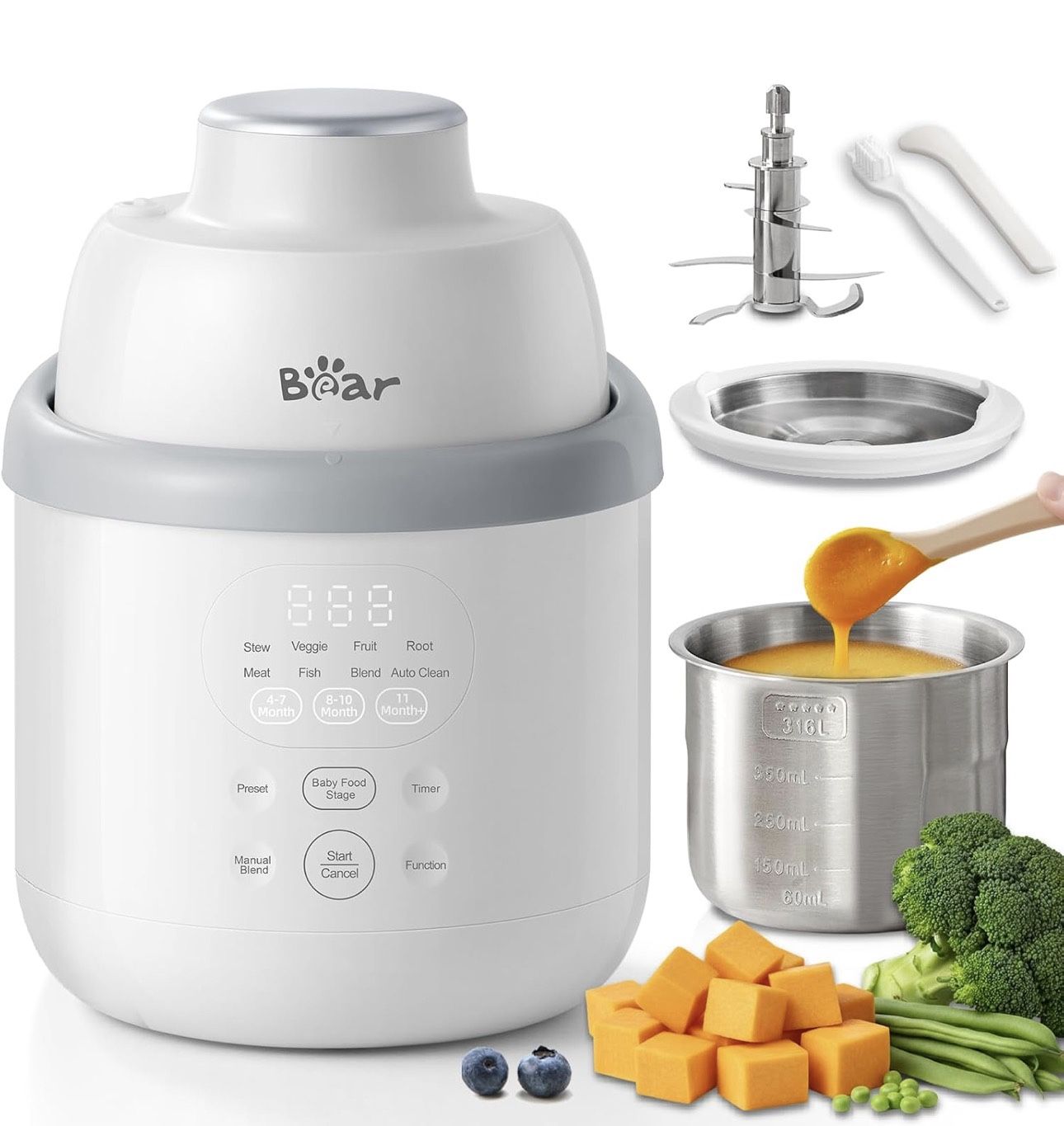 Bear NutriEase AllStage Stainless Steel Baby Food Maker Steamer and Blender