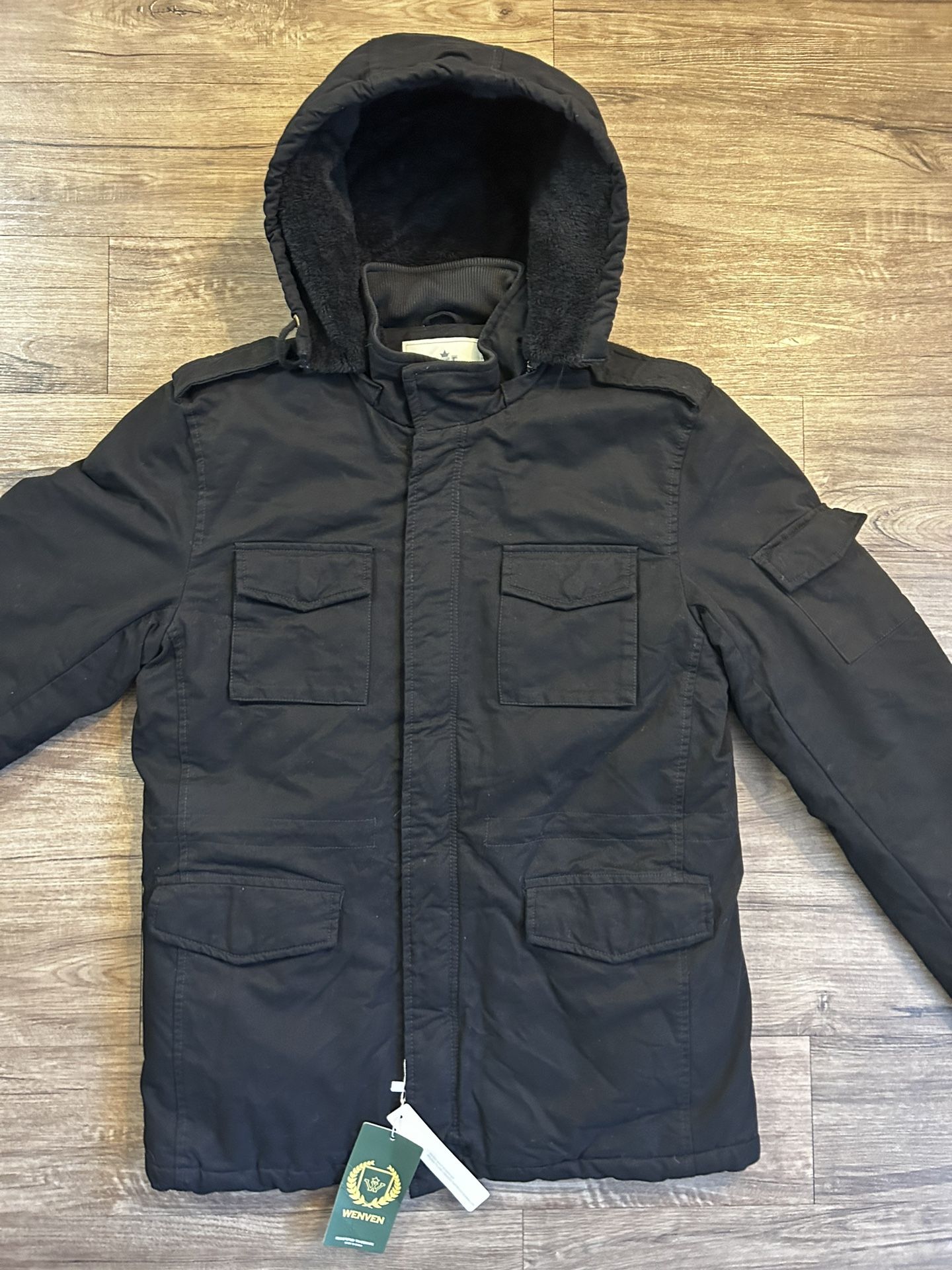 WenVen Men's Winter Thicken Cotton Parka Jacket Warm Coat with Removable Hood Size M