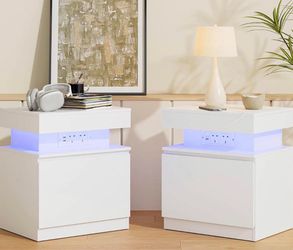 LED Bedside Table with Charging Station, Set of 2 Side Tables, Modern Nightstands with Storage,