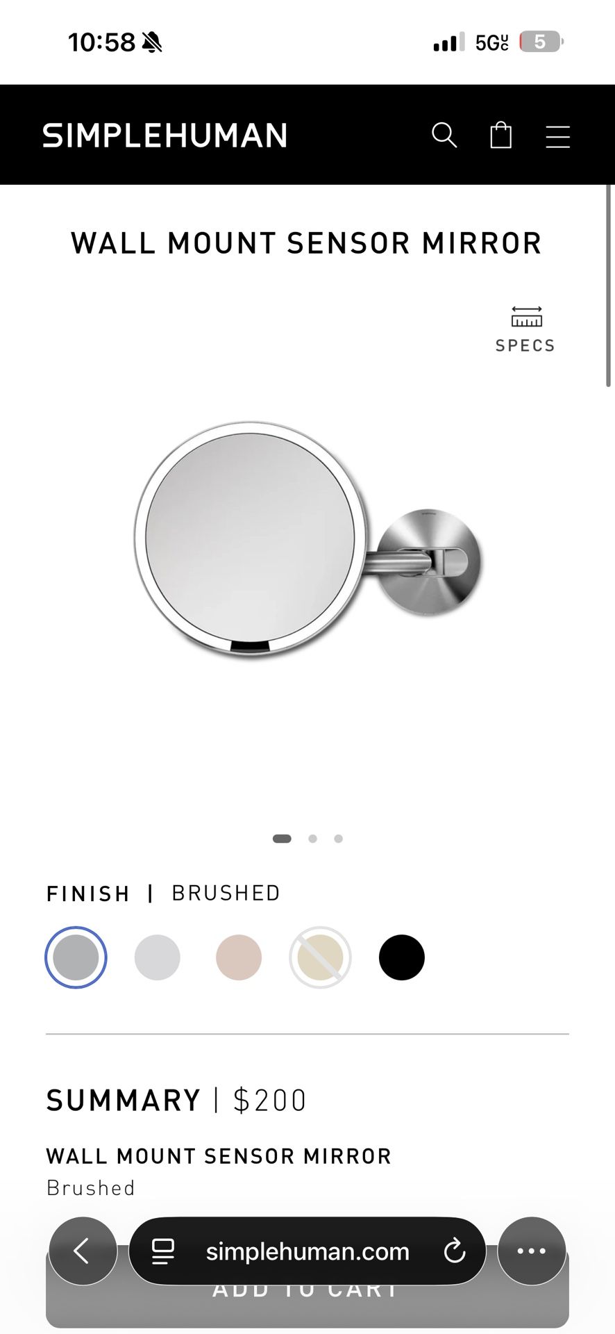 SimpleHuman Wall Mount Sensor Mirror 5x Magnification Brand New