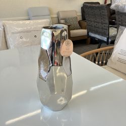 12" Geometric Silver Aluminum Metal Vase, New