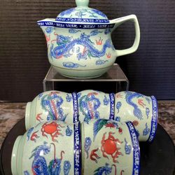 Vintage Japanese Porcelain Teapot Set Blue With Dragon Design 5 Double Welled Cups 