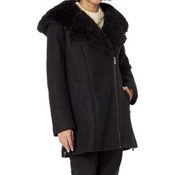 🔥👀🔥 Kenneth Cole Women's Mixed Media Asymmetrical Zip Textured Wool Coat, Black, XS Or Large