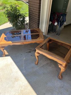 Side Table / Coffee Table Wooden Glass Set