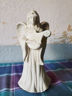 Retired PARTYLITE 10" Bisque LYRICAL ANGEL w/Harp Taper Candle Holder P0461