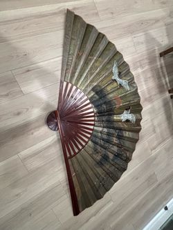 Vintage X-Large Asian Chinese Fan Wall Art Decor 70”x40”-Birds Gold