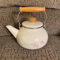RARE Vintage Corning Lincoware Enamel Tea Kettle Pot Pink Flowers