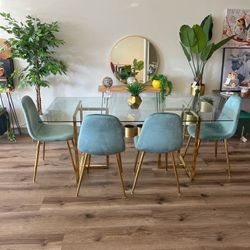 Light Blue Gold Velvet Glass Dining Set For 6