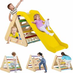 4 in 1 Climbing Toy for Toddlers, 3-Sided Montessori Wooden Triangle Climber with Sliding Ramp,