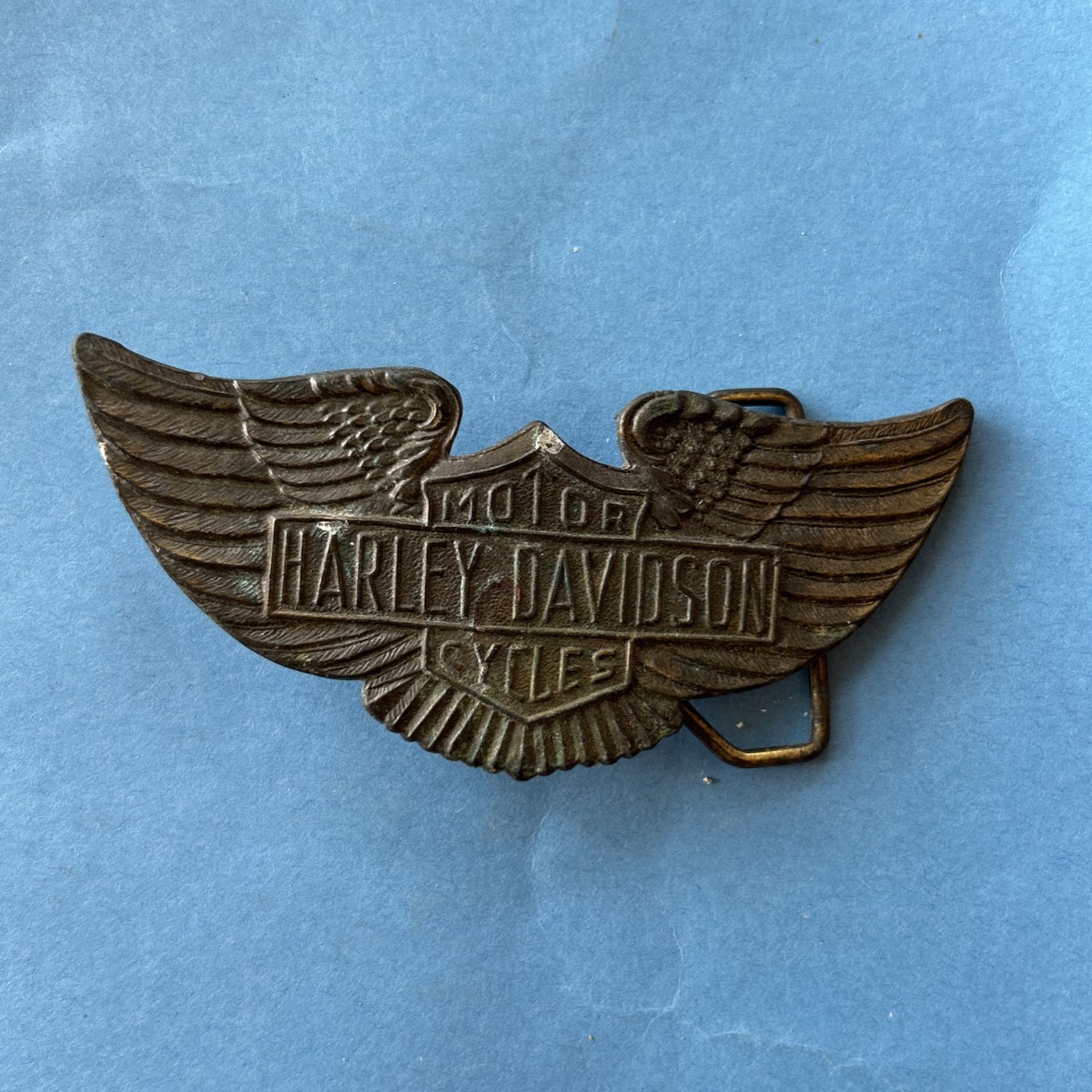 Vintage 1970s HARLEY DAVIDSON Aged Brass Shield Eagle Wings Belt Byckle