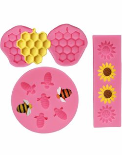 4 Pcs Bumble Bee Silicone Mold Honeycomb Sunflower and Bee Fondant Molds Kit Cupcake Hive DIY Chocolate Fondant Candy Cookies Crafting Party Wedding C
