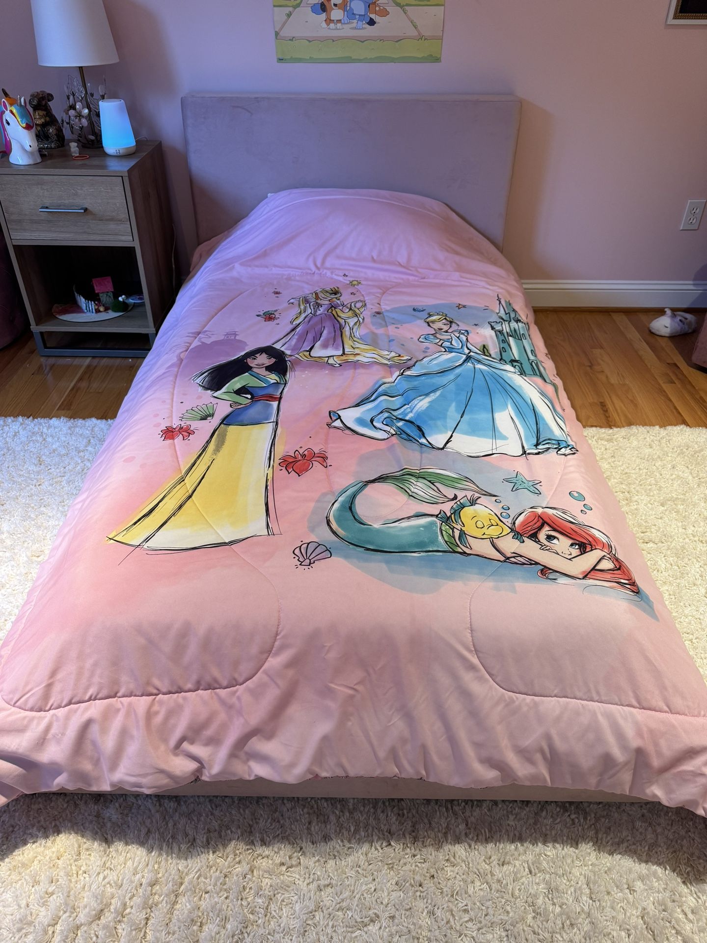 Girl Twin Bed Frame, Delivery, Mattress, Sheet and Comforter